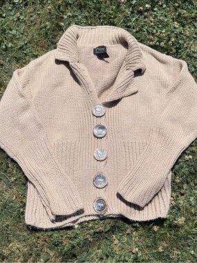 Pure Handknit Beige Cream Neutral Button-Front Shawl Collar Cardigan